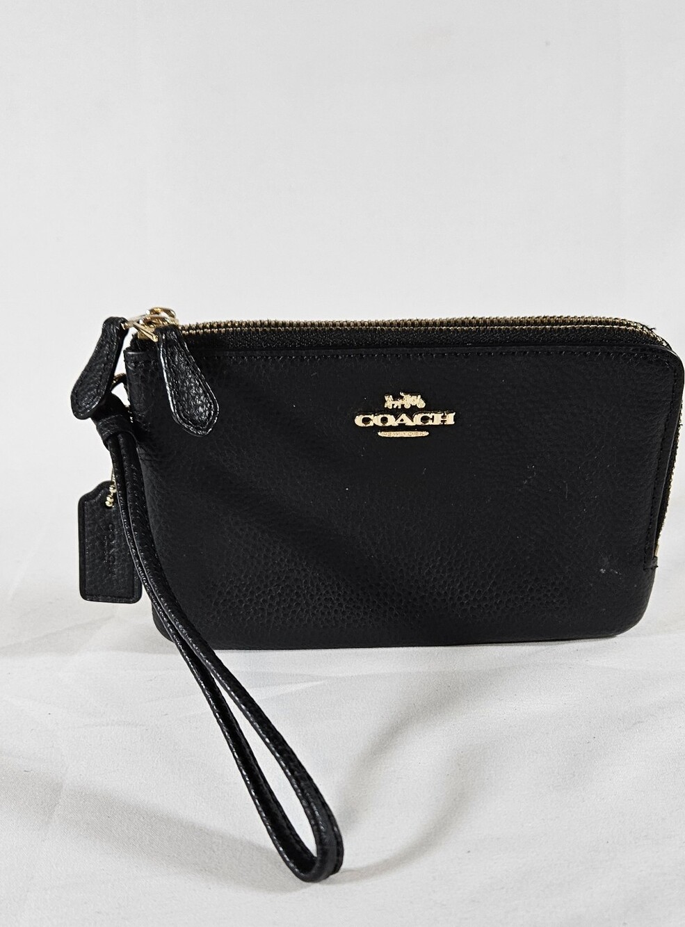 Coach Black Leather Double Zip-around Wristlet with Gold Hardware
